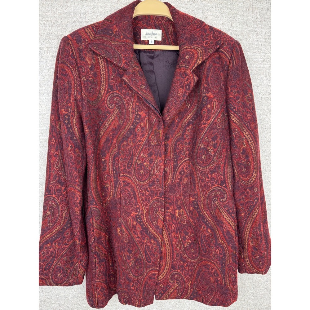 Vintage 90s Neiman Marcus Paisley Wool Blend Blazer Jacket Womens 8 Red Plum